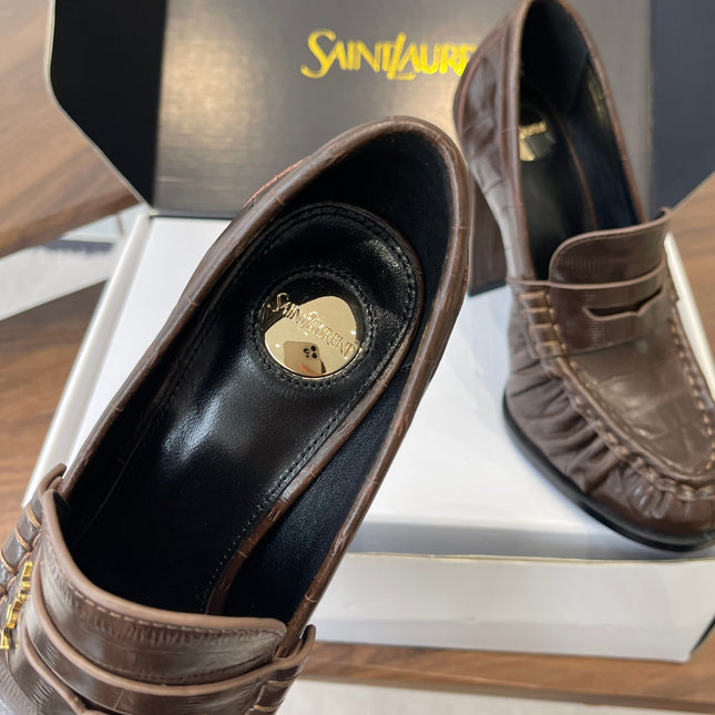 YSL 26S HEELED LOAFERS 100 MM IN DARK BROWN CALFSKIN