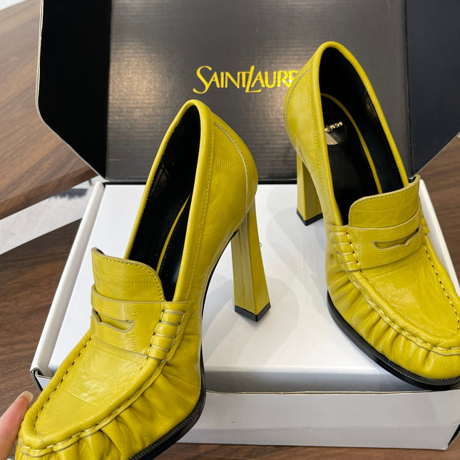 YSL 26S HEELED LOAFERS 100 MM IN YELLOW CALFSKIN