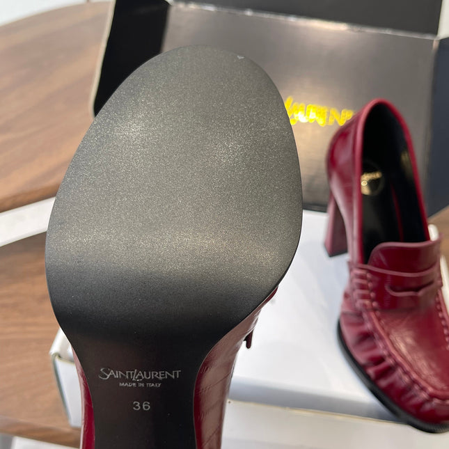 YSL 26S HEELED LOAFERS 100 MM IN DARK RED SHINY CALFSKIN