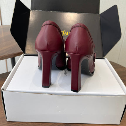 YSL 26S HEELED LOAFERS 100 MM IN DARK RED CALFSKIN