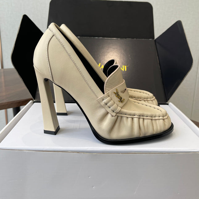 YSL 26S HEELED LOAFERS 100 MM IN SOFT OFF-WHITE CALFSKIN