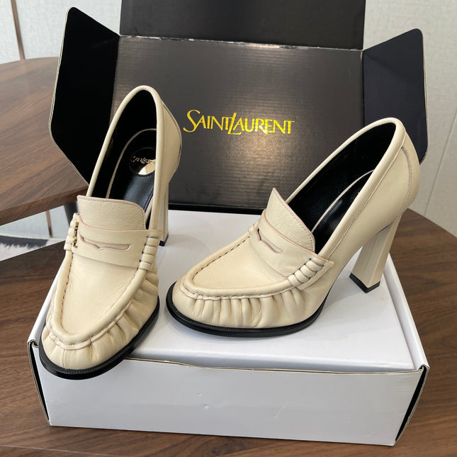 YSL 26S HEELED LOAFERS 100 MM IN SOFT OFF-WHITE CALFSKIN