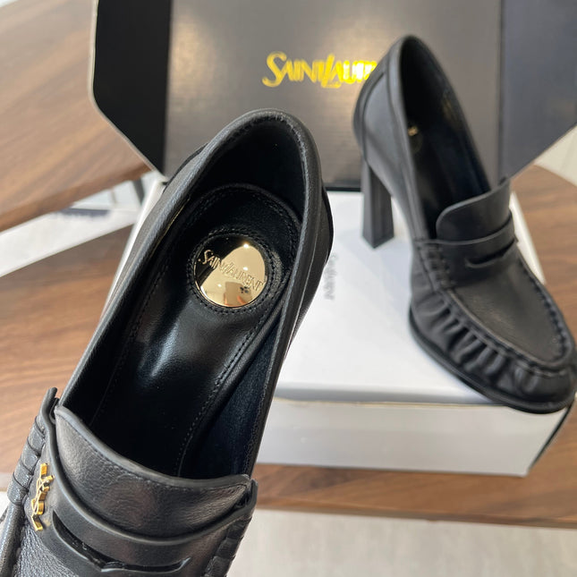 YSL 26S HEELED LOAFERS 100 MM IN BLACK CALFSKIN