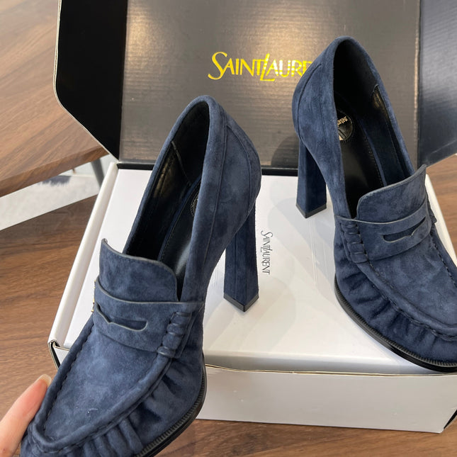 YSL 26S HEELED LOAFERS 100 MM IN DARK STEEL BLUE SUEDE