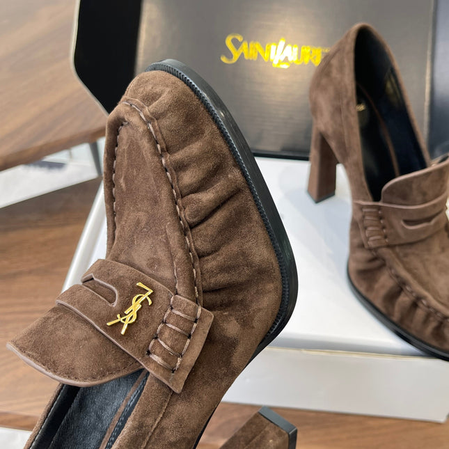 YSL 26S HEELED LOAFERS 100 MM IN DARK BROWN SUEDE