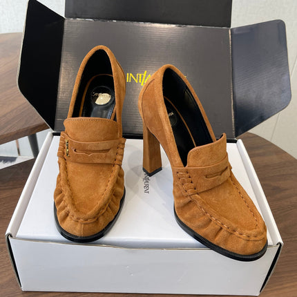 YSL 26S HEELED LOAFERS 100 MM IN BROWN SUEDE