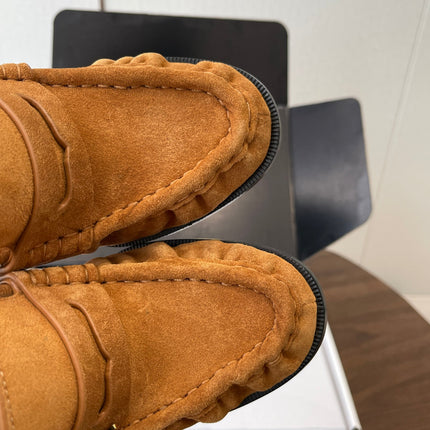 YSL 26S HEELED LOAFERS 100 MM IN BROWN SUEDE