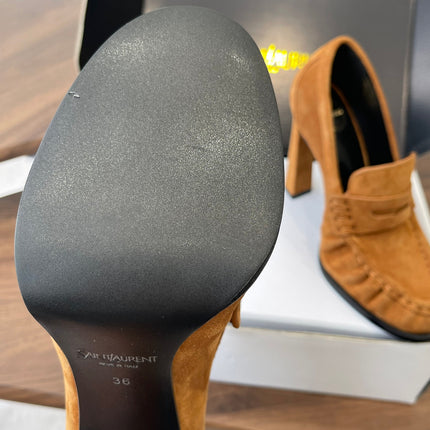 YSL 26S HEELED LOAFERS 100 MM IN BROWN SUEDE