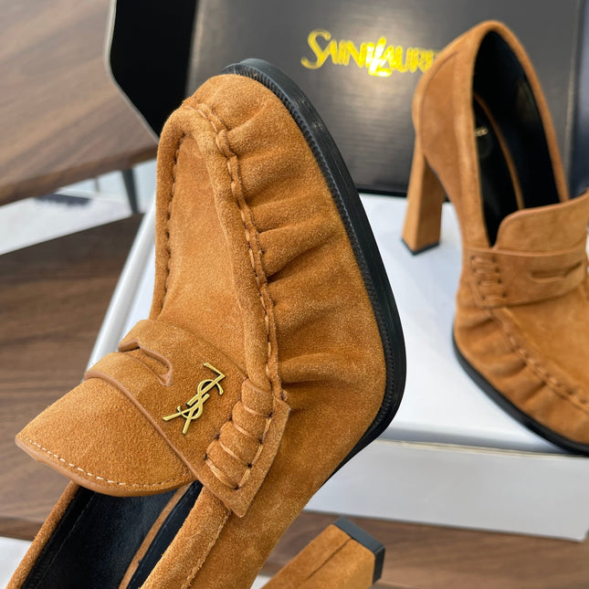 YSL 26S HEELED LOAFERS 100 MM IN BROWN SUEDE