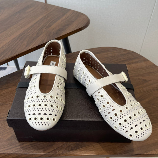 ALAIA 26S MARY JANE FLATS IN WHITE LAMBSKIN
