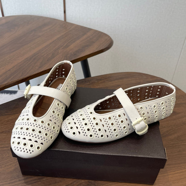 ALAIA 26S MARY JANE FLATS IN WHITE LAMBSKIN