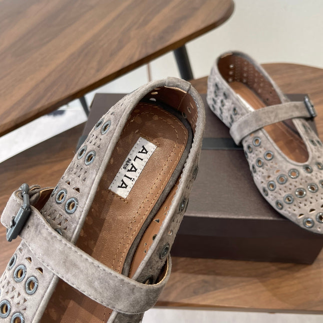 ALAIA 26S MARY JANE FLATS IN GREIGE BROWN SUEDE