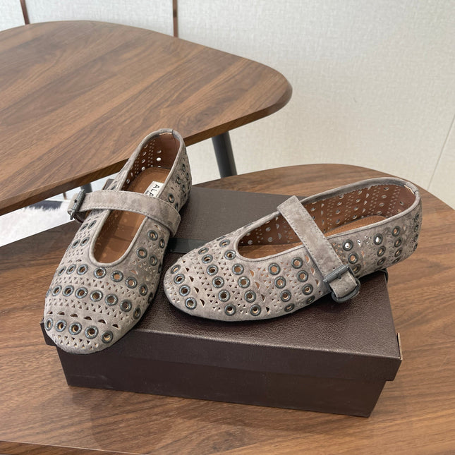 ALAIA 26S MARY JANE FLATS IN GREIGE BROWN SUEDE