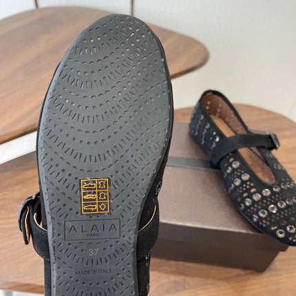 ALAIA 26S MARY JANE FLATS IN BLACK SUEDE
