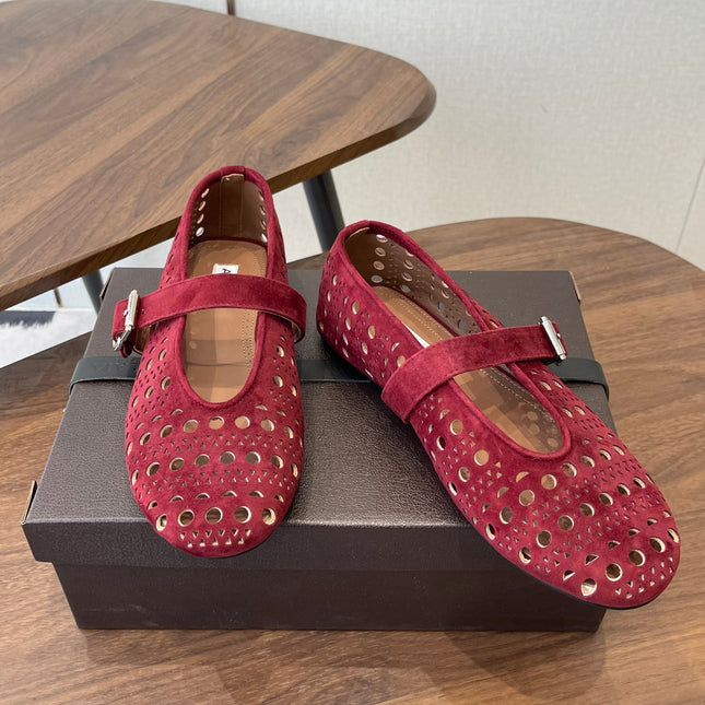ALAIA 26S MARY JANE FLATS IN DARK RED SUEDE
