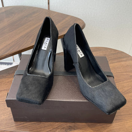 ALAIA 26S SQUARE-TOE HIGH HEELS 95 MM IN BLACK PONY HAIR
