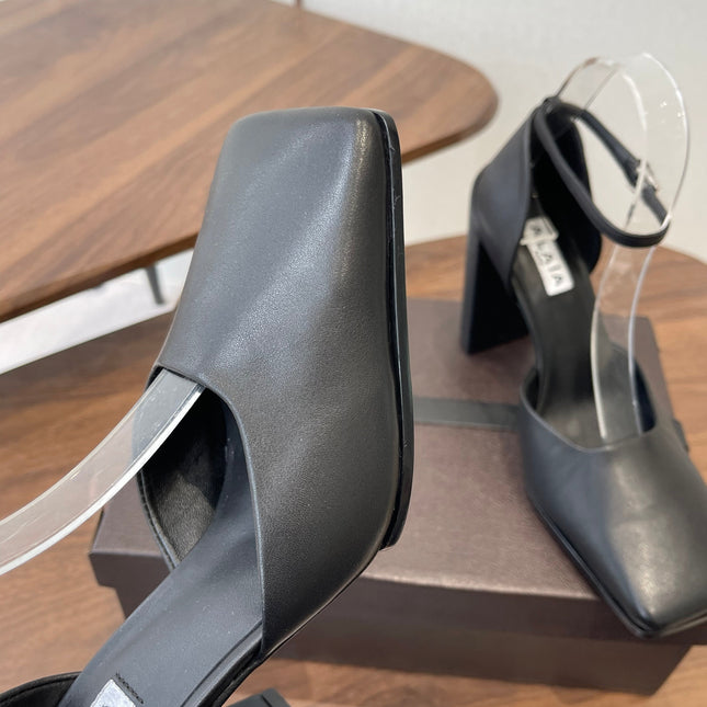 ALAIA 26S SQUARE-TOE HIGH HEELS 95 MM IN BLACK CALFSKIN
