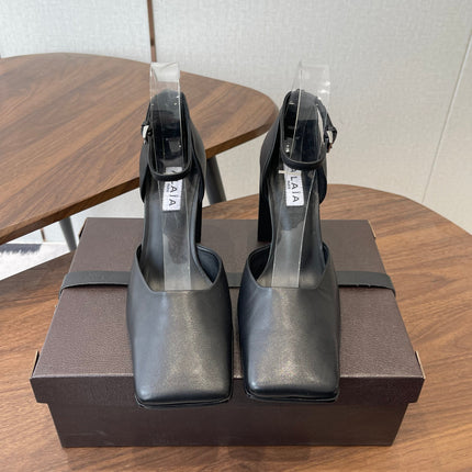 ALAIA 26S SQUARE-TOE HIGH HEELS 95 MM IN BLACK CALFSKIN