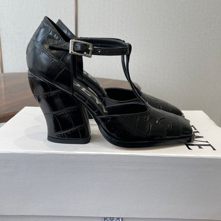 LOEWE 26S ONDA 90MM T-STRAP HIGH-HEEL SHOES IN BLACK EMBOSSED CROCODILE CALFSKIN