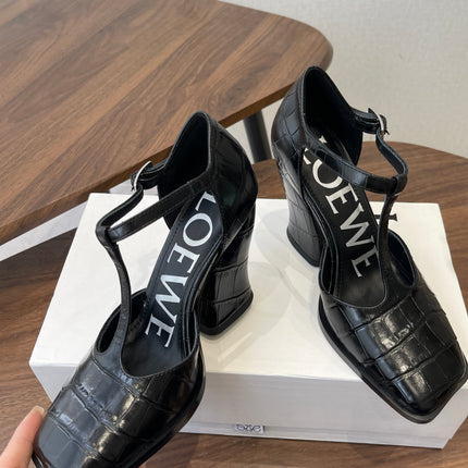 LOEWE 26S ONDA 90MM T-STRAP HIGH-HEEL SHOES IN BLACK EMBOSSED CROCODILE CALFSKIN