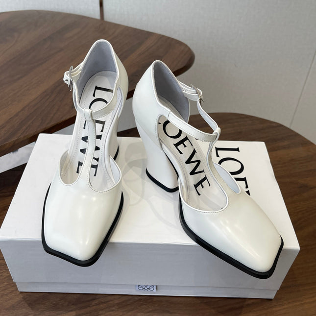 LOEWE 26S ONDA 90MM T-STRAP HIGH-HEEL SHOES IN WHITE GLOSSY CALFSKIN