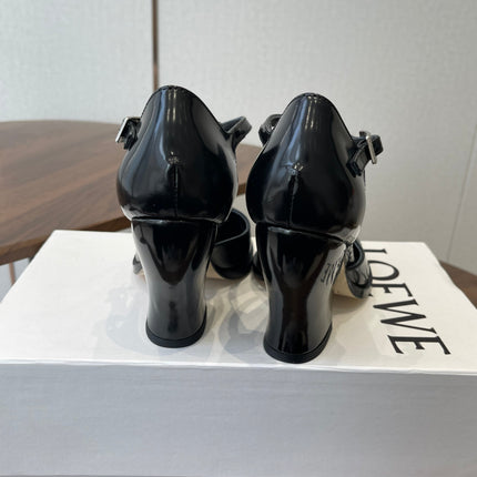 LOEWE 26S ONDA 90MM T-STRAP HIGH-HEEL SHOES IN BLACK GLOSSY CALFSKIN