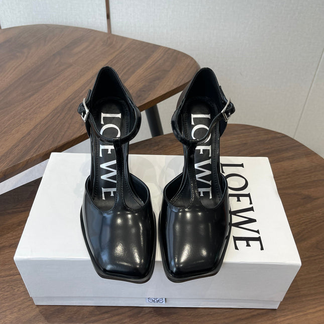 LOEWE 26S ONDA 90MM T-STRAP HIGH-HEEL SHOES IN BLACK GLOSSY CALFSKIN