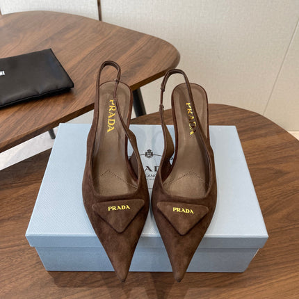 PRADA 26S SLINGBACK PUMPS 75MM IN DARK BROWN SUEDE WITH LOGO