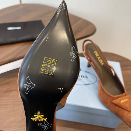 PRADA 26S SLINGBACK PUMPS 75MM IN CARAMEL BROWN SUEDE WITH LOGO