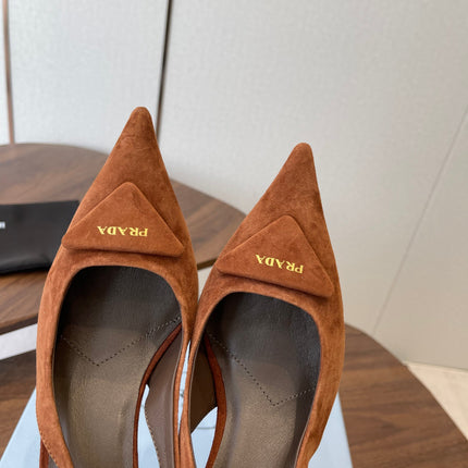 PRADA 26S SLINGBACK PUMPS 75MM IN CARAMEL BROWN SUEDE WITH LOGO