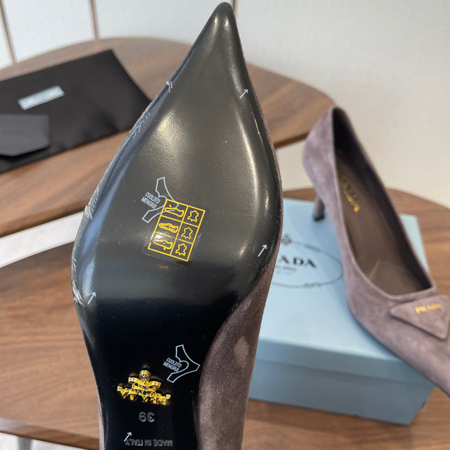PRADA 26S SLINGBACK PUMPS 75MM IN TAUPE BROWN SUEDE WITH LOGO