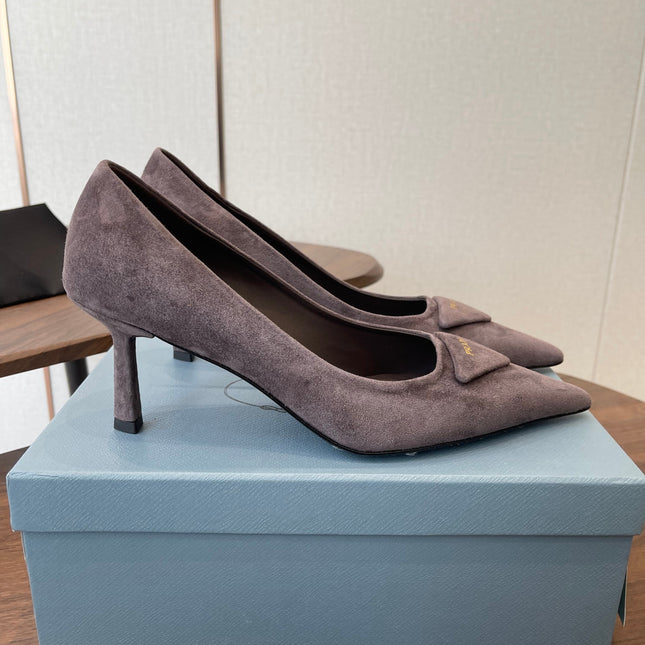 PRADA 26S SLINGBACK PUMPS 75MM IN TAUPE BROWN SUEDE WITH LOGO