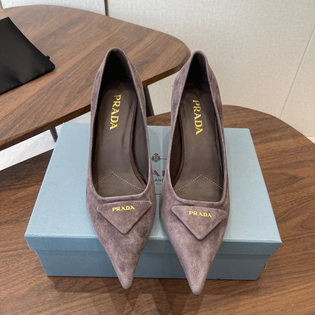 PRADA 26S POINTED TOE HIGH HEELS 75MM IN TAUPE BROWN SUEDE WITH LOGO