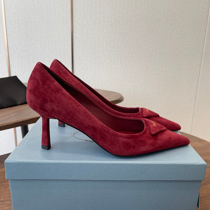 PRADA 26S POINTED TOE HIGH HEELS 75MM IN DARK RED SUEDE WITH LOGO