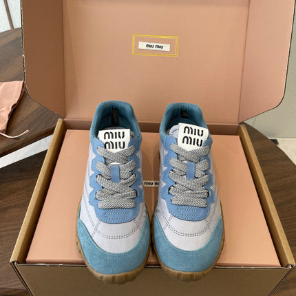 MIUMIU 26S SNEAKERS IN LIGHT GRAY AND BLUE FABRIC AND SUEDE