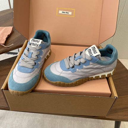 MIUMIU 26S SNEAKERS IN LIGHT GRAY AND BLUE FABRIC AND SUEDE