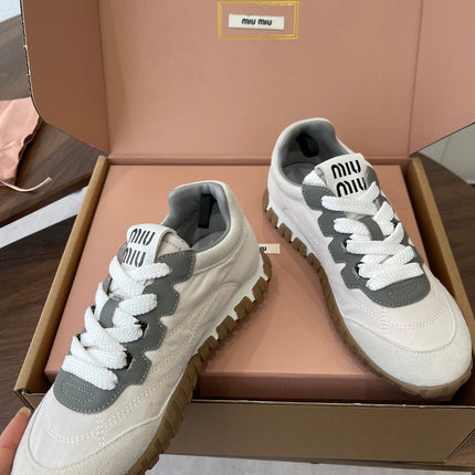 MIUMIU 26S SNEAKERS IN WHITE AND GRAY FABRIC AND SUEDE