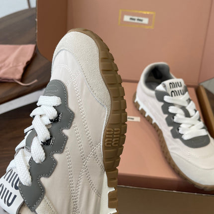 MIUMIU 26S SNEAKERS IN WHITE AND GRAY FABRIC AND SUEDE