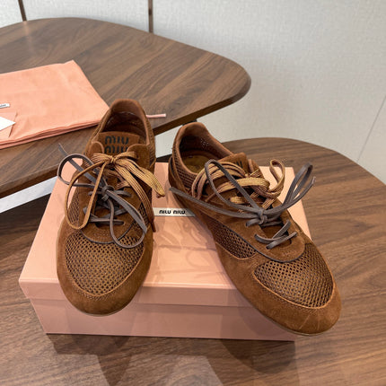 MIUMIU 26S SNEAKERS IN CARAMEL BROWN MESH AND SUEDE