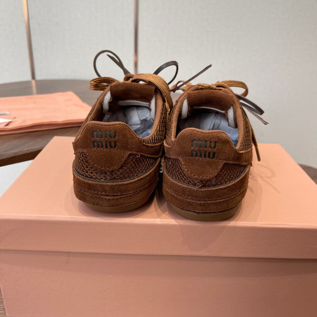 MIUMIU 26S SNEAKERS IN CARAMEL BROWN MESH AND SUEDE