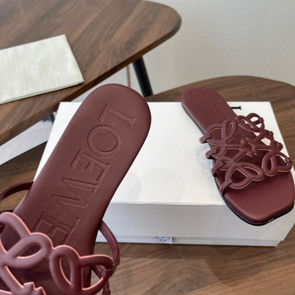 LOEWE 26S PETAL ANAGRAM SLIDE IN WINE RED CALFSKIN
