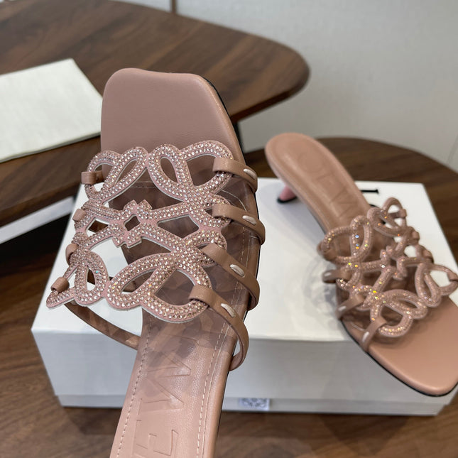 LOEWE 26S HIGH HEEL SANDALS IN TAUPE BROWN CALFSKIN WITH CRYSTALS