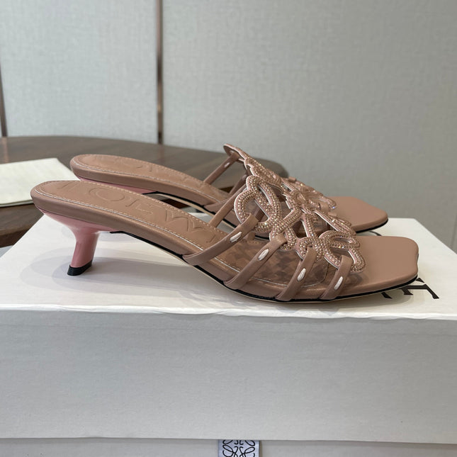LOEWE 26S HIGH HEEL SANDALS IN TAUPE BROWN CALFSKIN WITH CRYSTALS