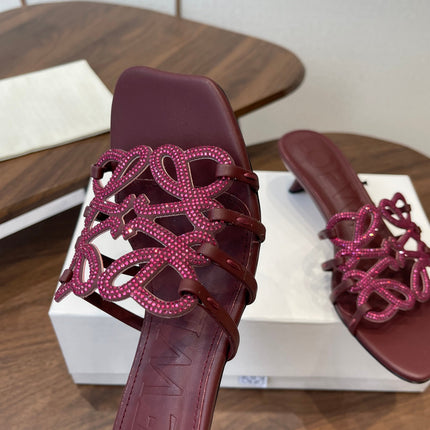 LOEWE 26S HIGH HEEL SANDALS IN WINE RED CALFSKIN WITH CRYSTALS