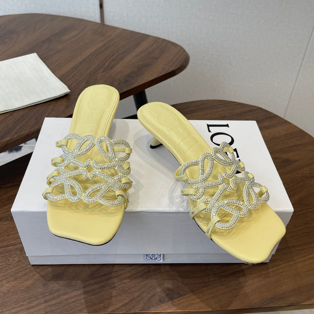 LOEWE 26S HIGH HEEL SANDALS IN BUTTER YELLOW CALFSKIN WITH CRYSTALS