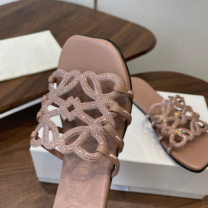 LOEWE 26S PETAL ANAGRAM SLIDE IN TAUPE BROWN CALFSKIN WITH CRYSTALS