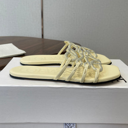 LOEWE 26S FLAT SANDALS IN LIGHT YELLOW CALFSKIN WITH CRYSTALS