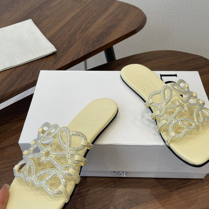 LOEWE 26S FLAT SANDALS IN LIGHT YELLOW CALFSKIN WITH CRYSTALS