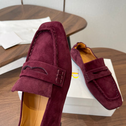 THE ROW 26S SQUARE TOE LOAFERS IN BURGUNDY RED SUEDE