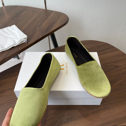 THE ROW 26S BALLET FLATS IN LIGHT OLIVE GREEN VELVET